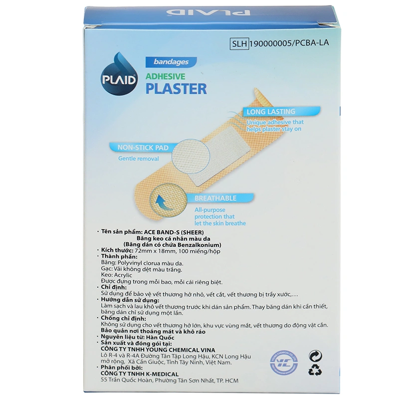 Băng cá nhân Plaid Ace Band-S (1.8 x 7.2cm) gói 10 miếng - 10